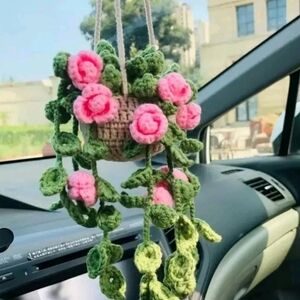 Crochet Hanging Planter with Pink Flowers